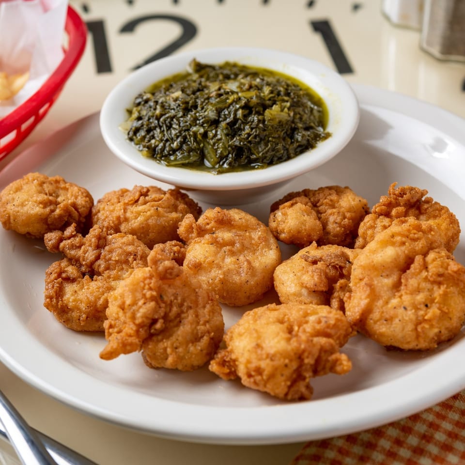 Fried shrimp and a side of collard greens on a white plate at Time To Eat Cafe.