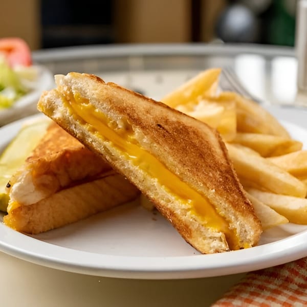 A grilled cheese sandwich with fries and a pickle spear on a white plate at Time To Eat Cafe.