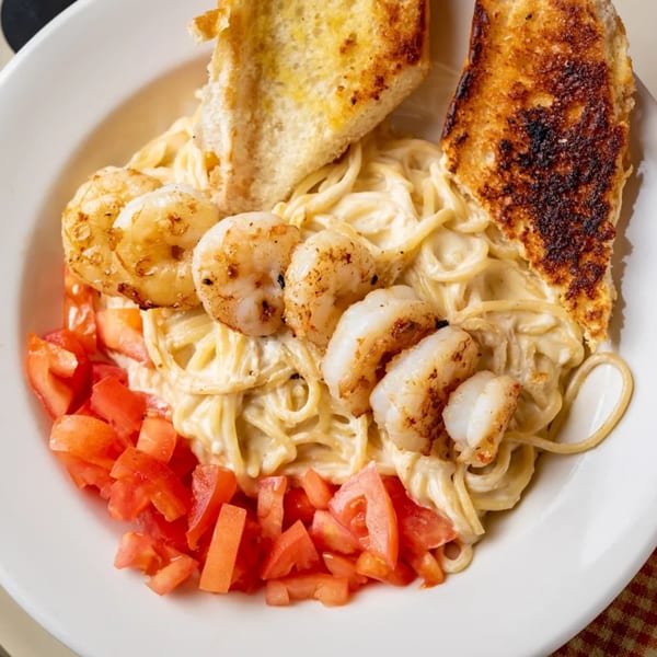 Creamy pasta with grilled shrimp, diced tomatoes, and two pieces of toasted garlic bread.